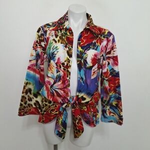 Mishca Floral Animal Print Mobwife 3/4 Maximalism Boho Tie Front Blouse Size XL